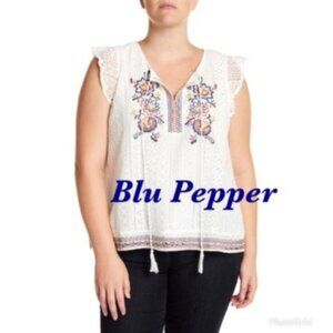 Blu Pepper Womens White Floral Embroidered Lace Cap Sleeve Blouse Plus Sz 3X New
